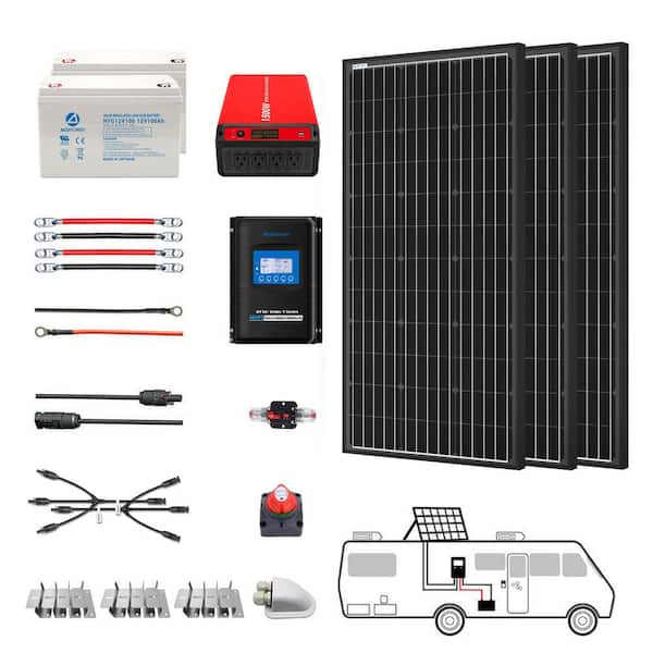 ACOPower 300-Watt Black Monocrystalline Off Grid Solar Power Kit, 3 x 100-Watt Solar Panel w/ (2) 100Ah Gel Deep Cycle Batteries