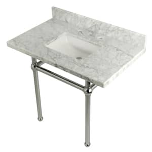 Square-Sink Washstand 36 in. Console Table in Carrara with Metal Legs in Polished Chrome