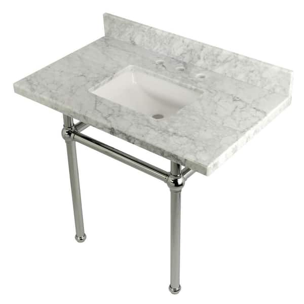 Kingston Brass Square-Sink Washstand 36 in. Console Table in Carrara with Metal Legs in Polished Chrome