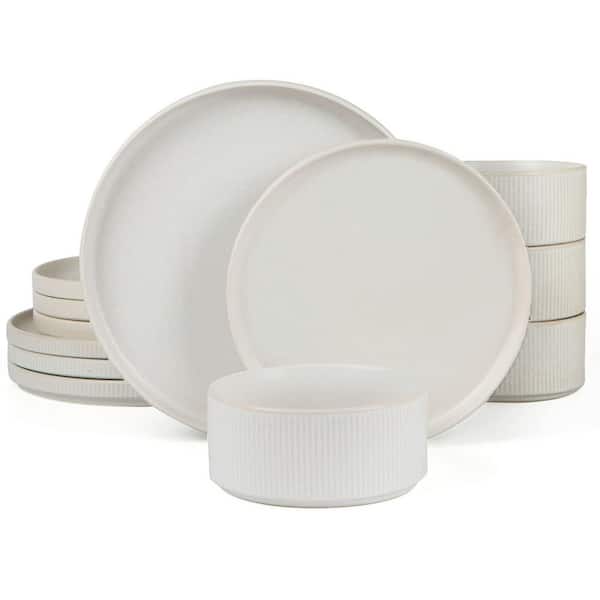 Ceramic Dinnerware Sets, Plates and Bowls Set for 4, 12-Piece Ribbed Dishes-Chip and Scratch Resistant, Matte White