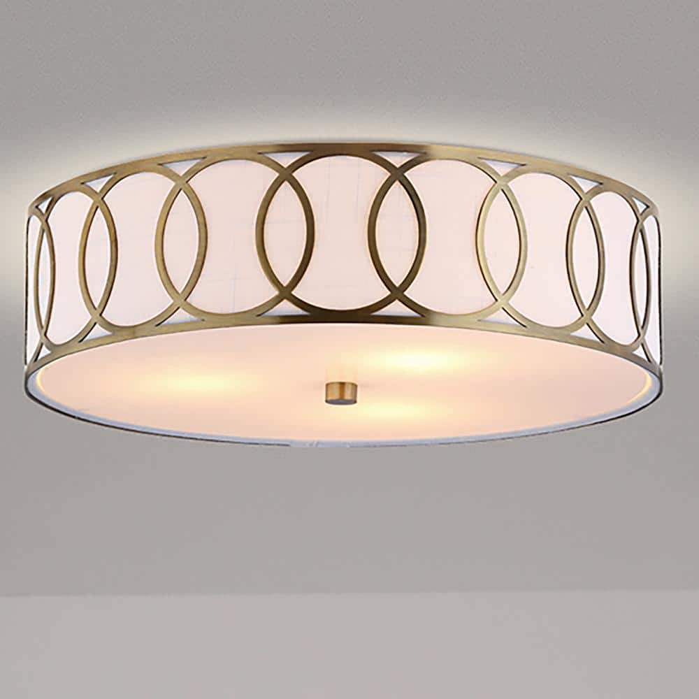 Aubrey Brass Gold 15.5" Drum LED Flush Mount with Linen Shade
