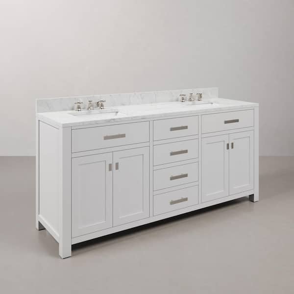 Madison 72in.Wx21.5in.Dx34in.H Double Sink Bath Vanity in Pure White with Carrara White Marble Top, Faucets and Mirrors
