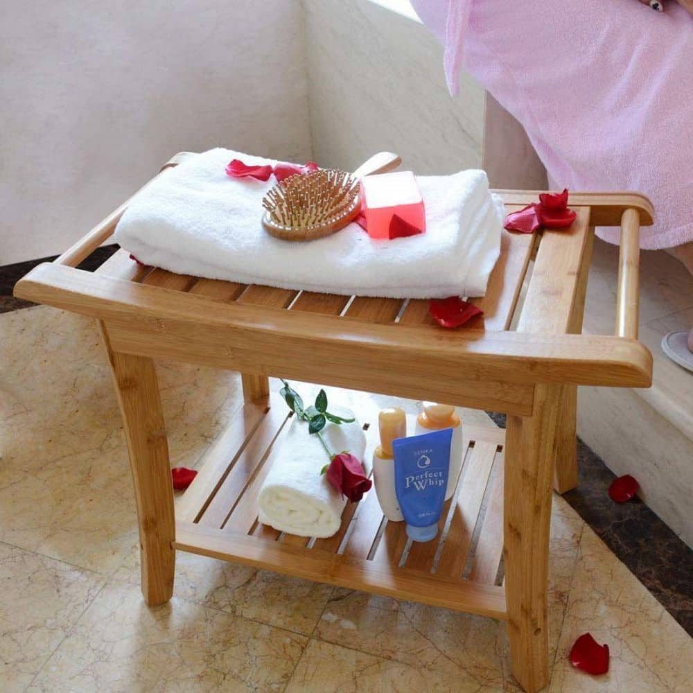Beige Bamboo Shower Bench with Storage Shelf