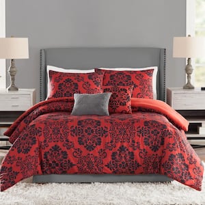 Damask Medallion 5-Piece Red Microfiber Full/Queen Comforter Set