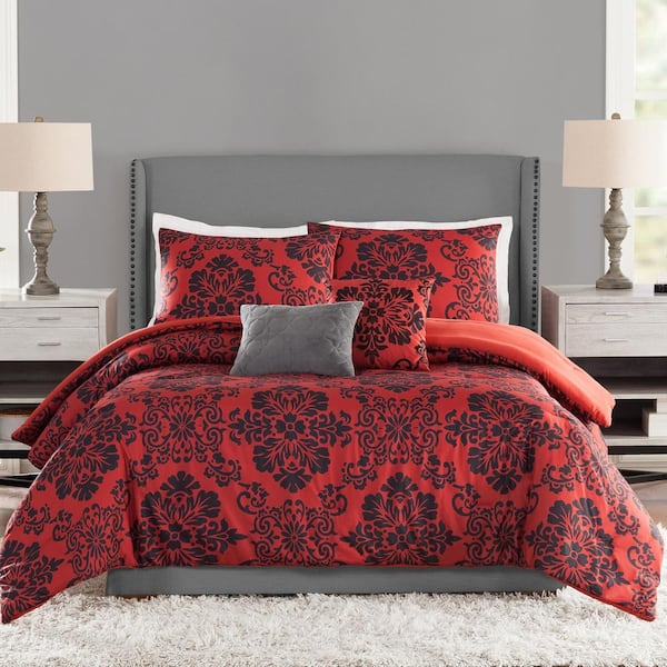 Presidio Square Damask Medallion 5-Piece Red Microfiber King Comforter Set