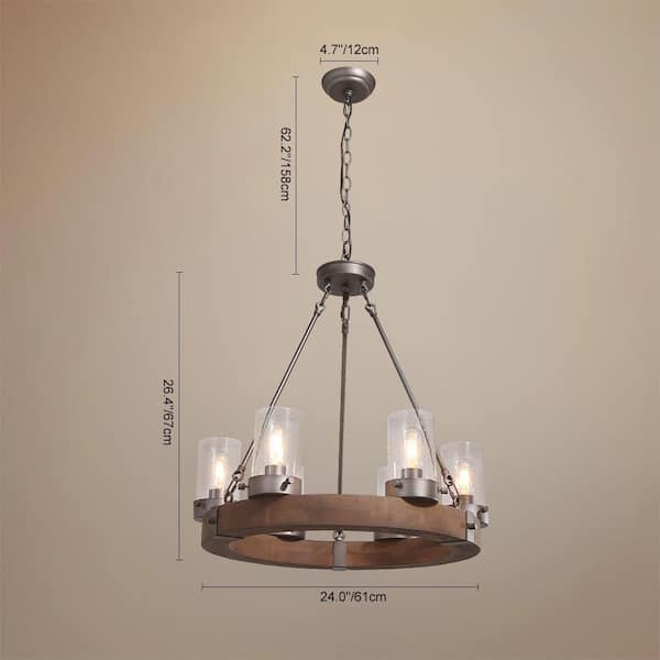 6 Light Antiqued Silver and Aged Wood Farmhouse Rustic Wagon Wheel Chandelier for Kitchen Island with Seedy Glass Shades