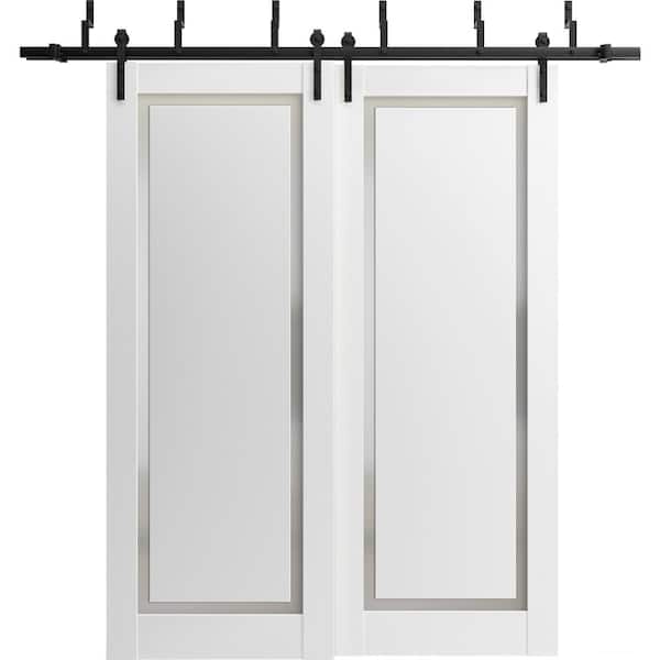 Sartodoors 36 in. x 84 in. 2 Panel Frosted Glass Painted White Solid Wood Sliding Barn Door with Hardware Kit