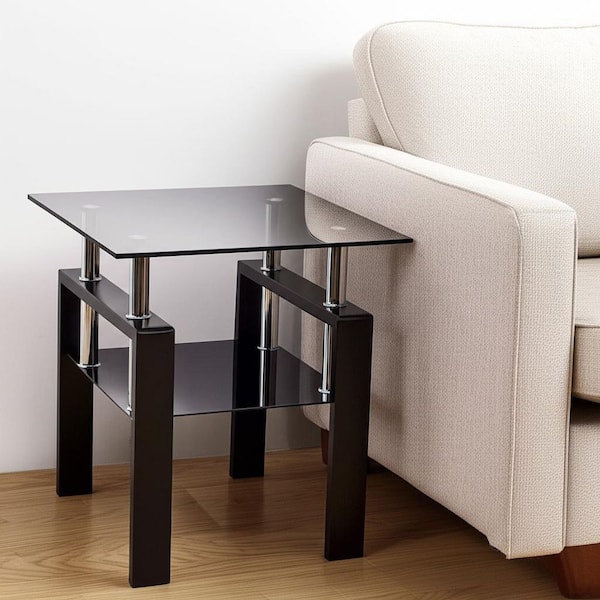 17.72 in. Black Square Glass End Table