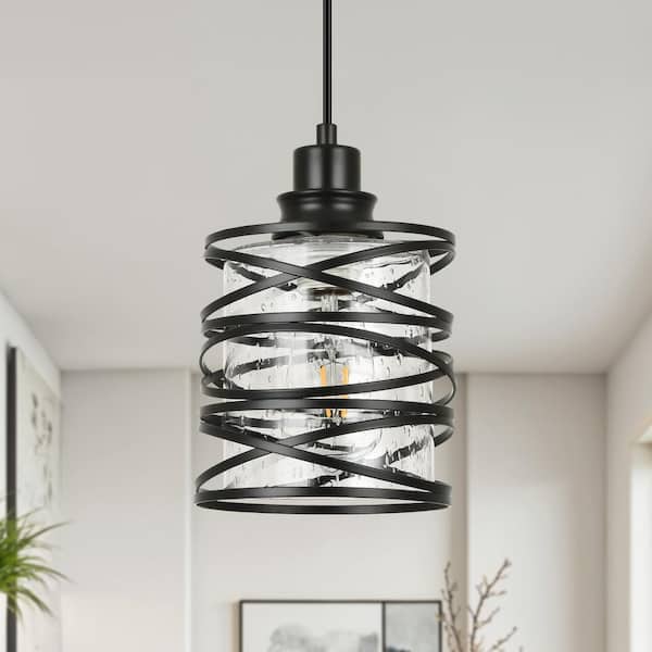 1-Light Black Industrial Pendant Light w/ Hand-Wrapped Iron Frame and Seeded Glass Shade for Kitchen Island Coffee Shop