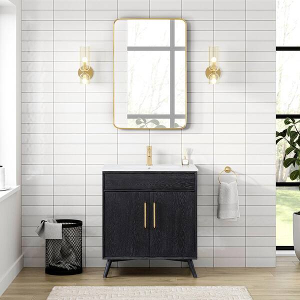 ROSWELL Delhi 29.9 in. W x 18.3 in. D x 34.1 in. H Single Sink Bath Vanity in Fir Wood Black with White Ceramic Basin Top