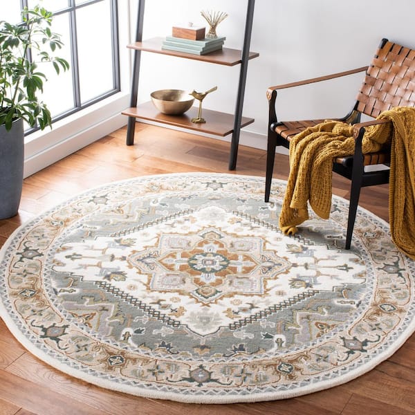 Heritage Ivory/Light Blue 6 ft. x 6 ft. Border Floral Medallion Round Area Rug