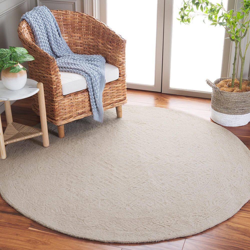 Ivory Geometric Handmade Wool Round Tufted Rug, 6'