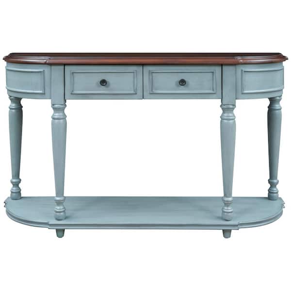 Z-joyee Antique Blue Retro Circular Curved Solid Wood Storage Cabinet with 2 Drawers