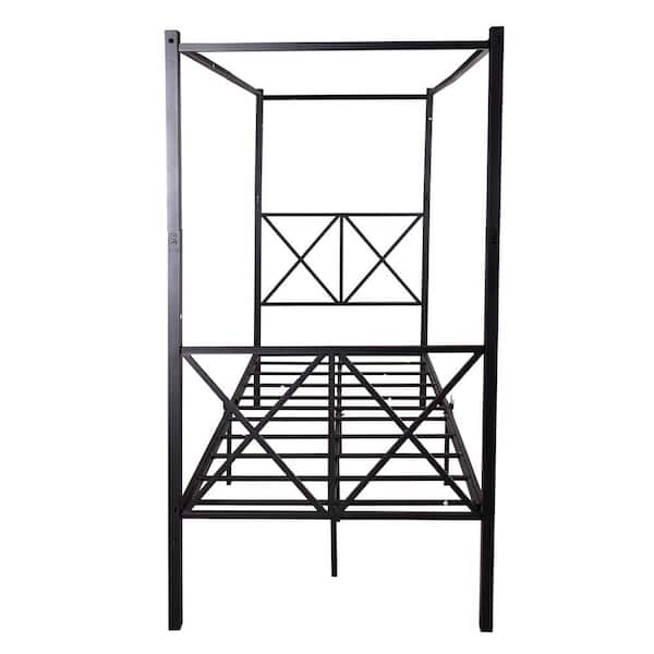 Maincraft Black Metal Frame Twin Canopy Bed with X-Shaped Footrest and Storage