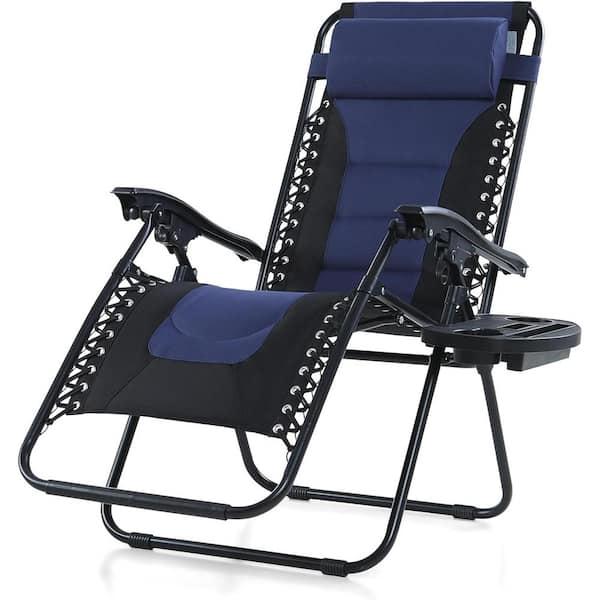 Unbranded Padded Zero Gravity Foldable Metal Outdoor Lounge Recliner Chair with Pillow and Cup Holder in Blue