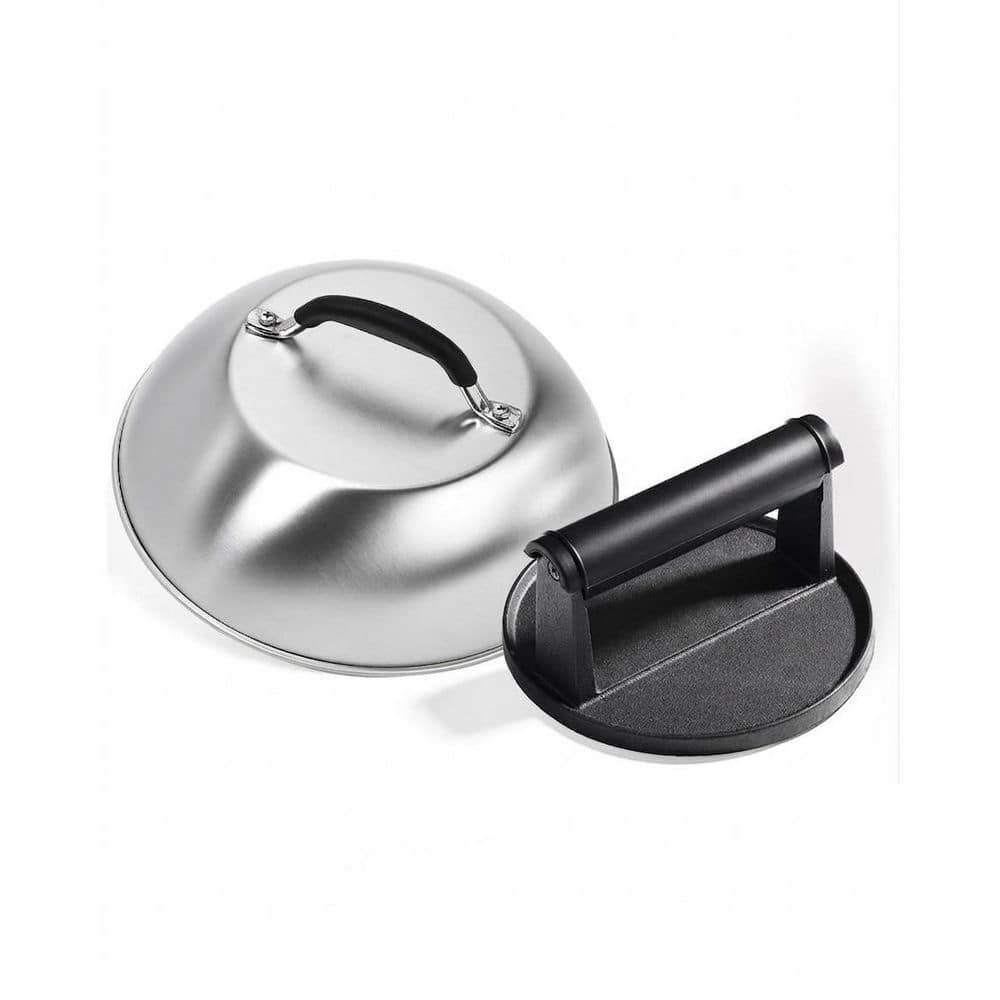 1 Piece Pre-Seasoned Cast Iron Burger Press with Heat Resistant Silicone Handle and Stainless Steel Melting Dome