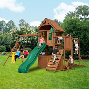 KnightsBridge Ultimate Complete Wooden Outdoor Playset with Monkey Bars, Slide, Swings and Swing Set Accessories