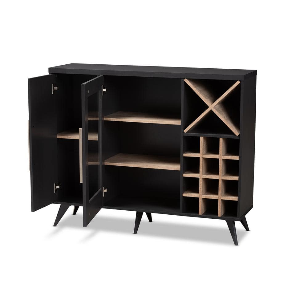 Pietro Mid-Century Dark Grey and Oak 24-Bottle Wine Cabinet