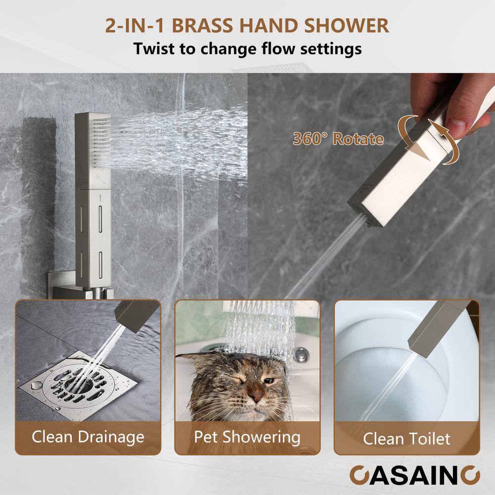 Brushed Nickel Square LED Rain Shower System with Handheld and Bluetooth Speaker