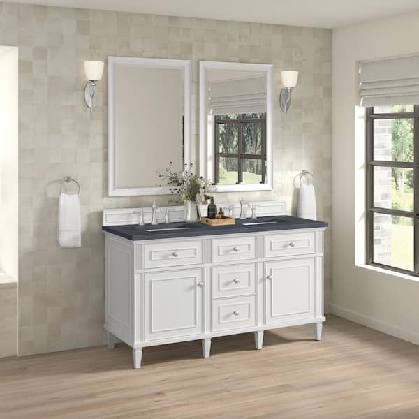 James Martin Vanities Lorelai 60.0 in. W x 23.5 in. D x 34.06 in. H Double Bath Vanity in Bright White with Charcoal Soapstone Quartz Top