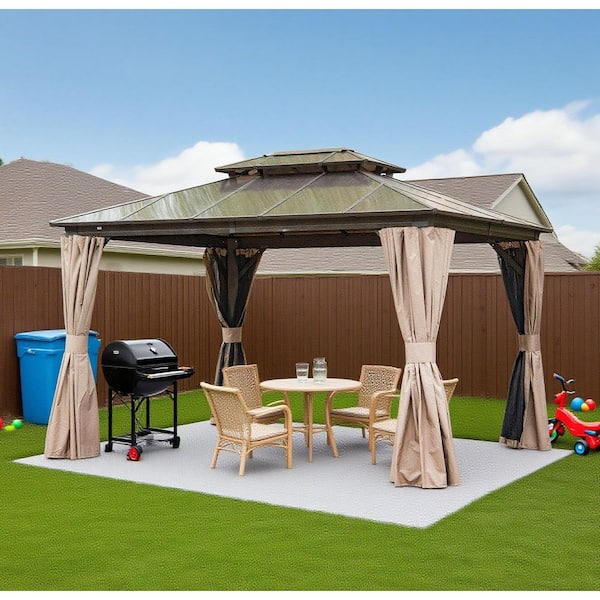 Beaulo 12 ft. x 10 ft. Aluminum Hardtop Gazebo in Brown with Double Polycarbonate Roofs and Mosquito Net