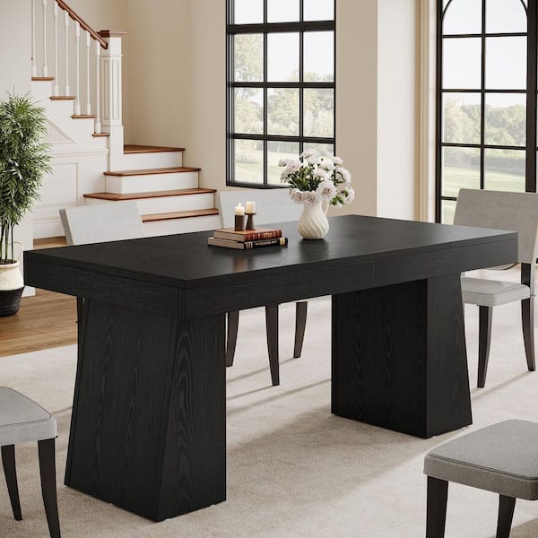 Sealey Farmhouse Black Wood 55.1 in. Pedestal Dining Table Seats 4 Rectangular Dining Room Table with Sturdy Legs