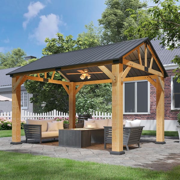 12 ft. x 10 ft. Wood Frame Outdoor Hardtop Gazebo with Galvanized Steel Roof and Ceiling Hook
