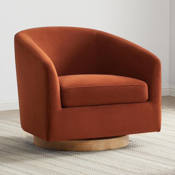Spruce & Spring Nereus Rust Velvet Swivel Accent Chair with Arms and Wood Base