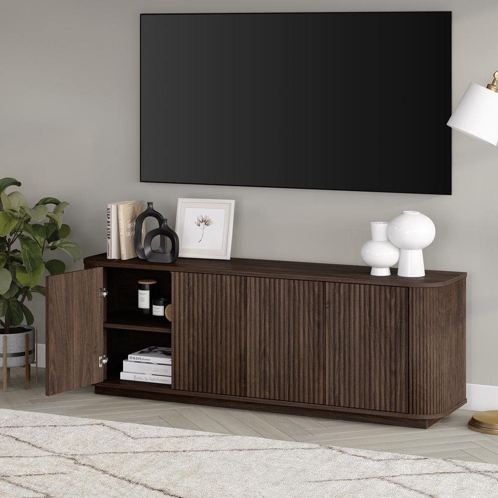 Alder Brown Fluted Wood 68" TV Stand with Cabinet
