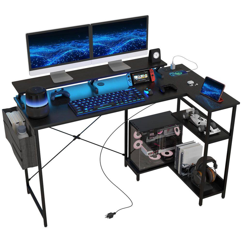 57.9 in. Black Reversible L Shaped Desk, Corner Computer Desk with Power Outlet and LED Light, Monitor Shelf