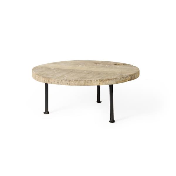 Cedric Light Brown Reclaimed Wood w/ Black Iron Frame Round Decorative Display Stand, Small