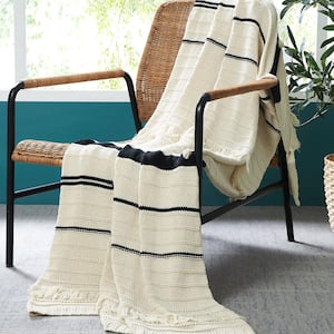 Tarek Ivory / Black Cotton Knit Throw Blanket