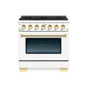 BOLD 36 in. 5.2 cu. ft. 6 Burner Freestanding Dual Fuel Range with Gas Stove and Electric Oven, White with Brass Trim