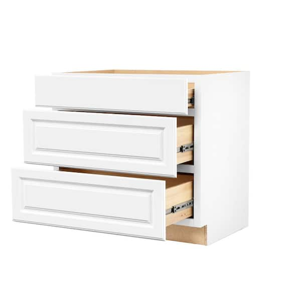 Hampton 36 in. W x 24 in. D x 34.5 in. H Assembled Drawer Base Kitchen  Cabinet in Satin White with Full Extension Glides