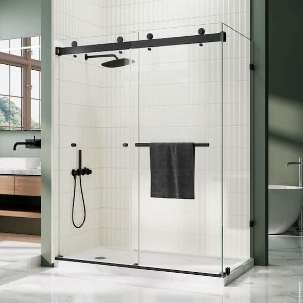 43-48 in. W x 36 in. D x 76 in. H Frameless Corner Sliding Shower Door Enclosure in Matte Black with Clear Glass