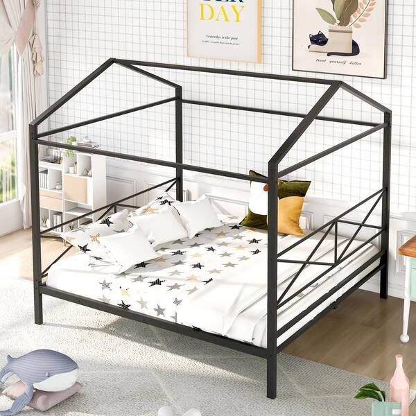 ANBAZAR Black 61 in. W Queen Size Metal Canopy Bed with House Shape Roof, Solid Canopy House Platform Bed with Support Slats