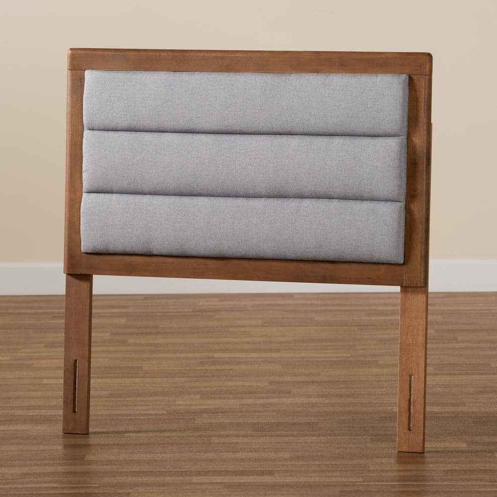 Light Gray Upholstered Twin Headboard with Walnut Wood Frame