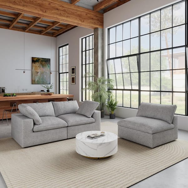 118 in Wide Square Arm Linen 3-Piece Modular Down Cloud Sofa with Removable Sofa Covers in Gray