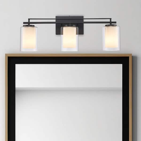 Lisbon 24 in. 3-Light Black Bathroom Vanity Light Fixture with Clear Glass Outer and Opal Glass Inner Shades