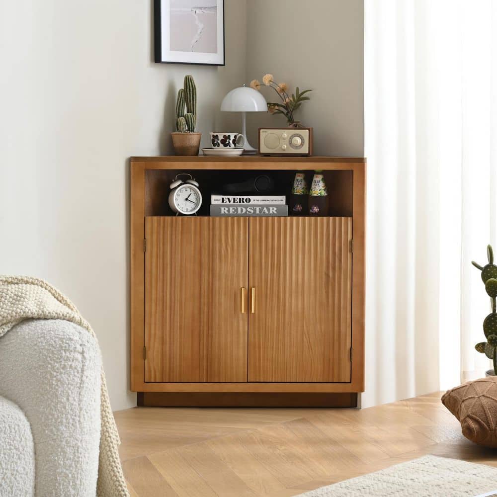 Boho Style Brown 32 in. Corner Storage Accent Cabinet with Fluted Hand-Carved Doors, Adjustable Shelf and Gold Handles