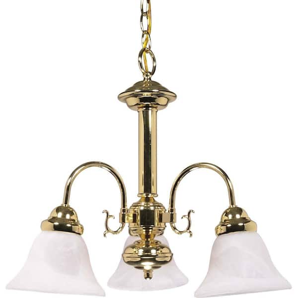 SATCO:Satco 3-Light Polished Brass Chandelier with Alabaster Glass Bell Shades