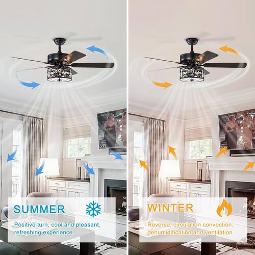 52 in. Farmhouse Indoor Matte Black Reversible Blades 3-Speeds Crystal Ceiling Fan with Remote LINJO Ceiling Fans With Lights