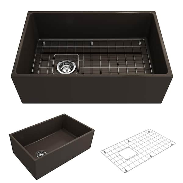 BOCCHI Contempo Farmhouse Apron Front Fireclay 30 in. Single Bowl Kitchen Sink with Bottom Grid and Strainer in Matte Brown