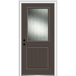 32 in. x 80 in. Right-Hand/Inswing Rain Glass Brown Fiberglass Prehung Front Door on 4-9/16 in. Frame