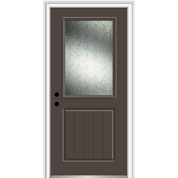 MMI DOOR Rain Glass 32 in. x 80 in. Right-Hand/Inswing 1/2-Lite Painted Brown Fiberglass Prehung Front Door on 4-9/16 in. Frame