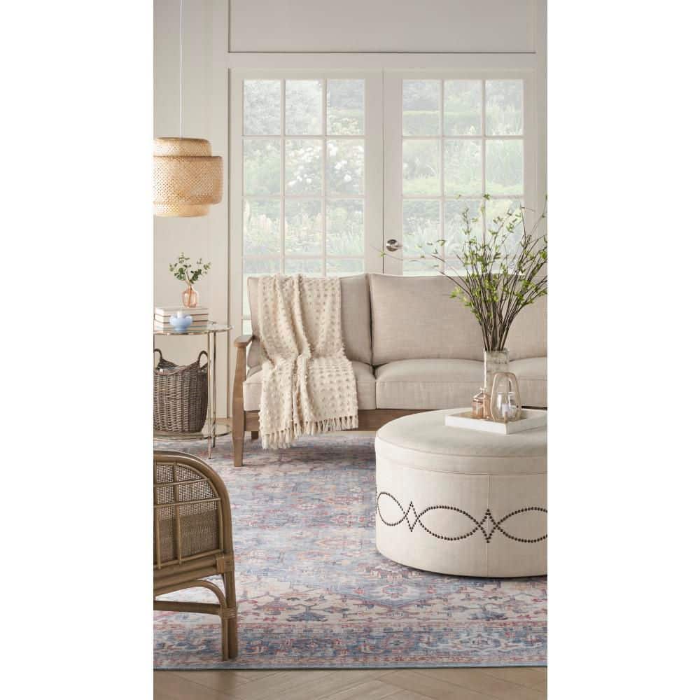 Blue and Red Floral Cotton Chenille Rectangular Area Rug, 6' x 9'