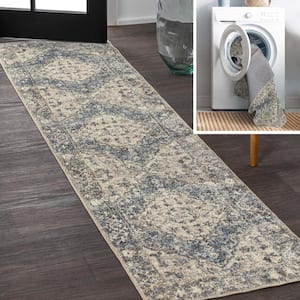 Blue/Cream 2 ft. x 8 ft. Pavel Distressed Medallion Low-Pile Machine-Washable Runner Rug