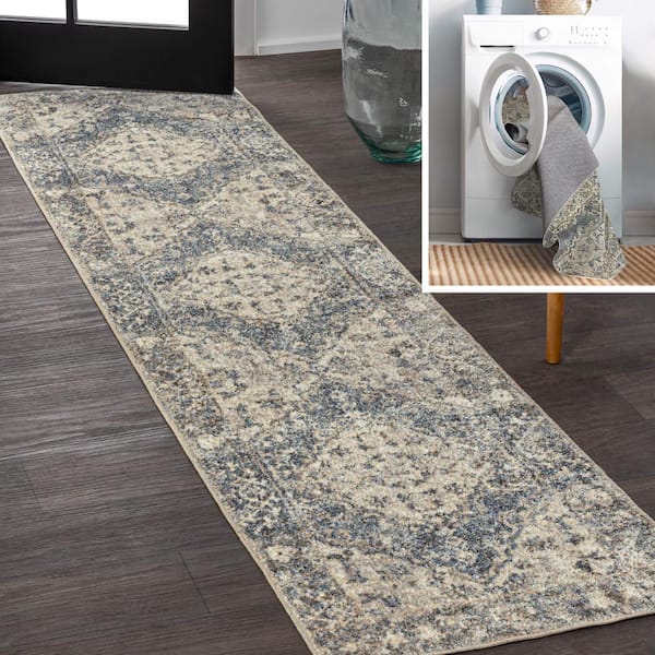 JONATHAN Y Blue/Cream 2 ft. x 8 ft. Pavel Distressed Medallion Low-Pile Machine-Washable Runner Rug