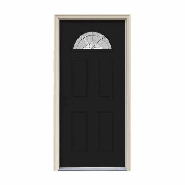 JELD-WEN 36 in. x 80 in. Fan Lite Langford Black Painted Steel Prehung Right-Hand Inswing Front Door w/Brickmould