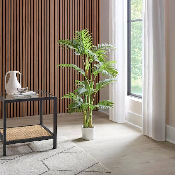 4 ft. Artificial Golden Cane Palm Tree in White Pot